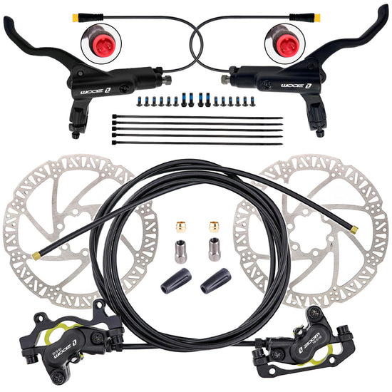 CooMeng Zoom HB876E 2-PIN 4-Pistons E-Bike Electric Power-Off Hydraulic Brake Set with 180mm Rotors Pre-Bled Hydraulic Disc Brake Caliper Lever for eBike (Included Mounting Adapter) - Black