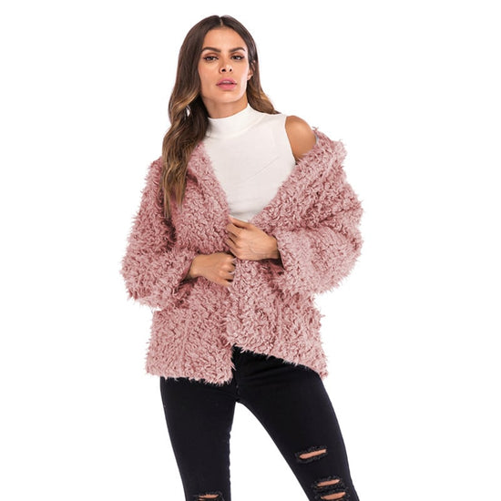 Casual Solid Color Plush Hooded Jacket