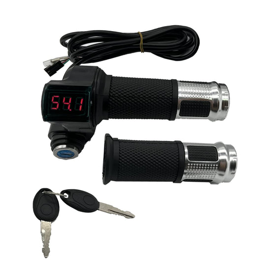 1 Pair EBike Throttle Grip Universal Electric Bicycle Scooter Twist Handlebar with LCD Battery Voltage Display Key Knock 12V-84V Electric Bike Throttle Grip for Motorbike Motorcycle E-Bike (Silver)