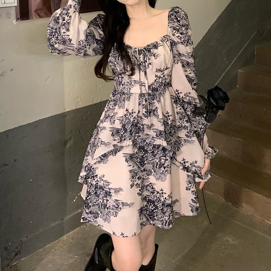 French Retro Long-sleeved Floral Fairy Dress