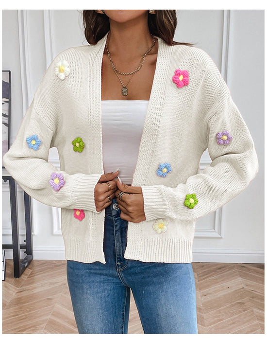 Sweet Knitted Cardigan with Floral Design for Women